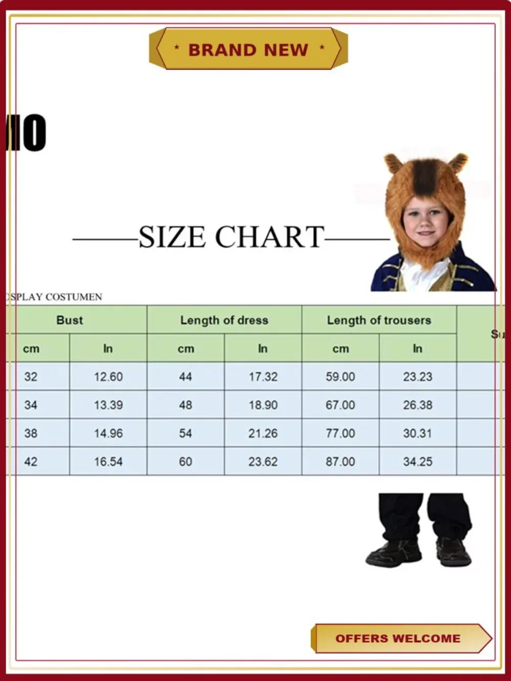 Beast Prince Costume Boys Kids Halloween Dress Up Jacket Scarf Hood